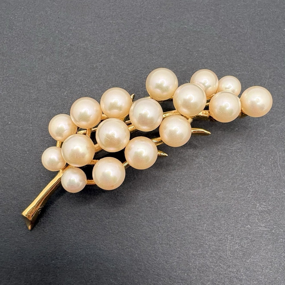 Vintage Majorica Glass Faux Pearl Cluster Brooch Grapes Plant‎ Gold Tone